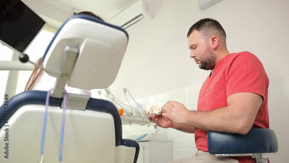 Dental chair scene: a man conversing with a patient. Dental chair scene: a man conversing with a patient.