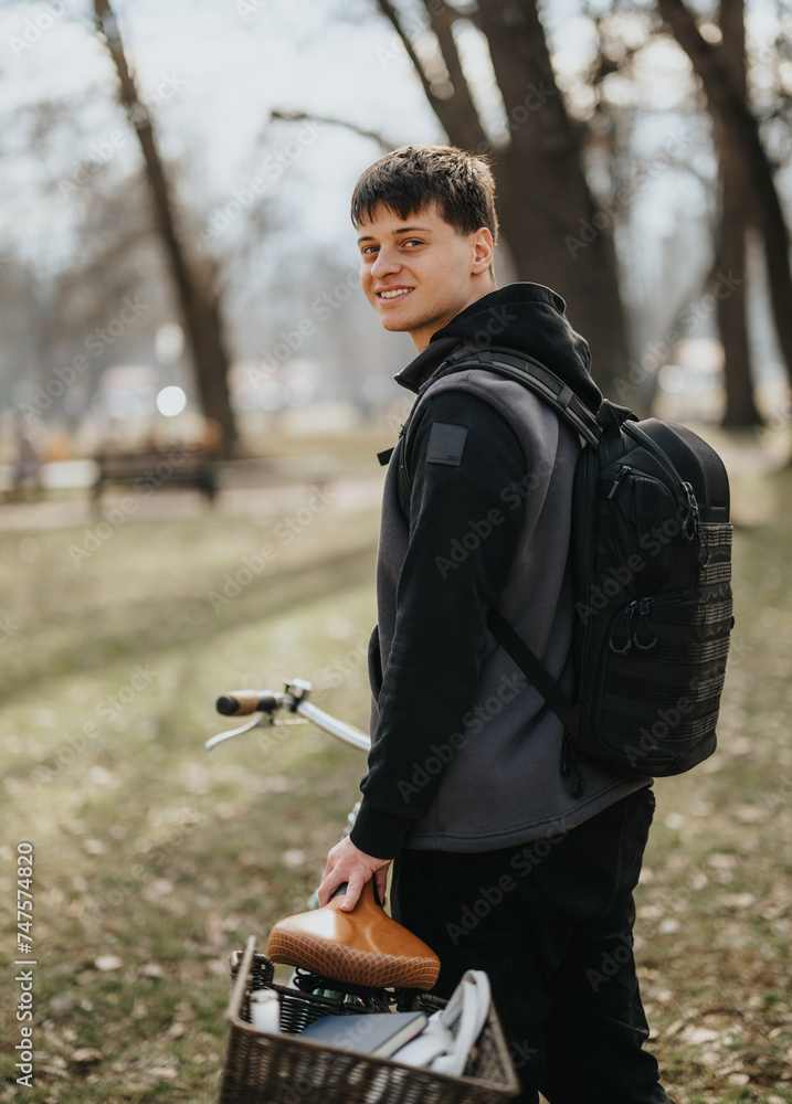 Casual young man with a backpack standing next to his bicycle in the park, enjoying a sunny day outdoors. Casual young man with a backpack standing next to his bicycle in the park, enjoying a sunny day outdoors.
