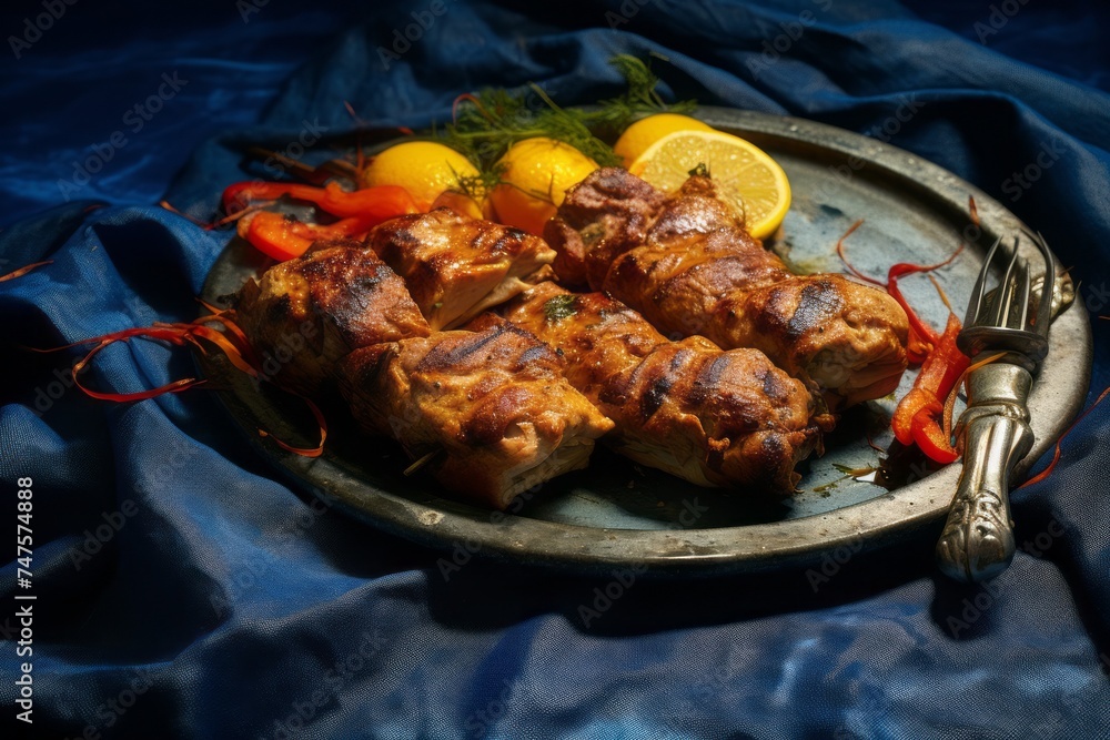 Close-up view photography of a juicy kebab on a plastic tray against a denim fabric background. AI Generation