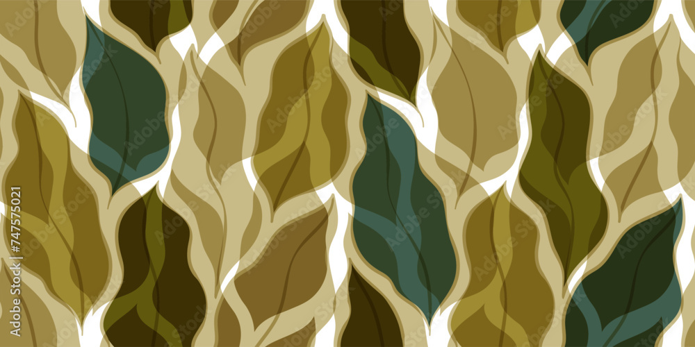 Big leaves seamless vector pattern. Watercolor tea leaf background, textured jungle print