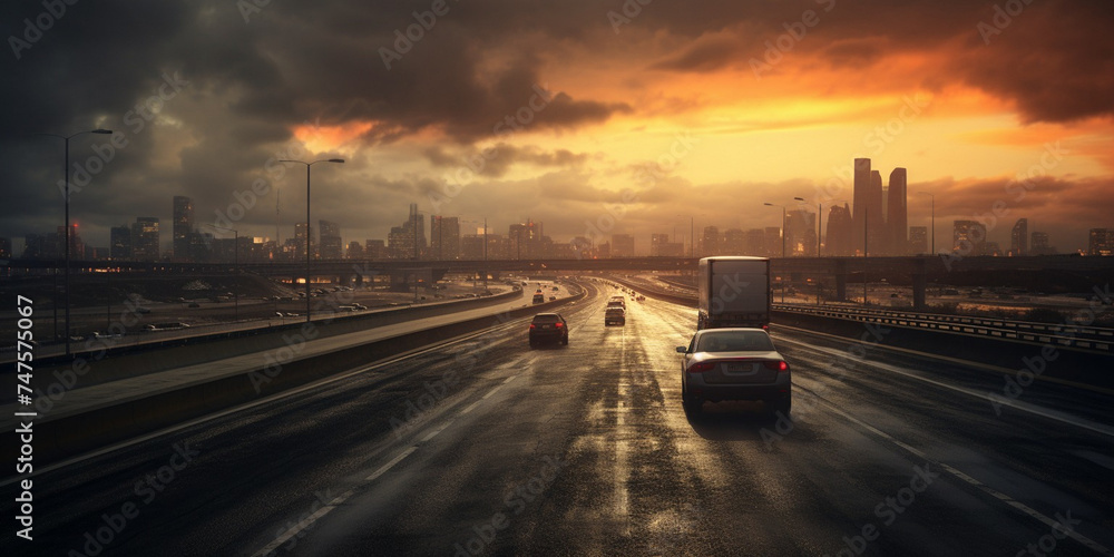 Cloudy Skies With Sunset Over A Highway, Cars driving on a highway with a sunset in the background generative ai
