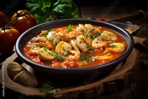 Highly detailed close-up photography of a delicious bouillabaisse on a wooden board against a denim fabric background. AI Generation
