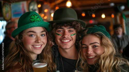 The company of young people celebrate St. Patrick's Day. They have fun at the bar.