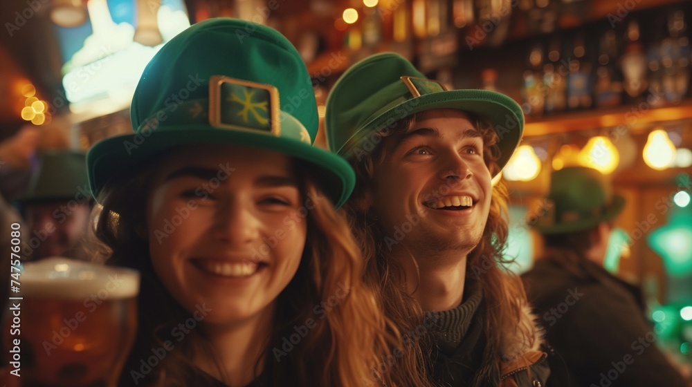 Young people wearing a green hat celebrate St. Patrick's Day. They have fun at the bar. Young people wearing a green hat celebrate St. Patrick's Day. They have fun at the bar.