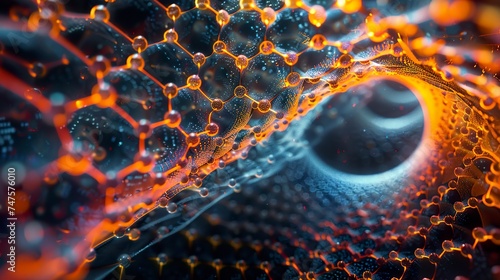 A detailed 3D rendering highlights carbon nanotubes in an intricate and precise configuration. Microscopic nanotechnology structures in fascinating complexity. photo