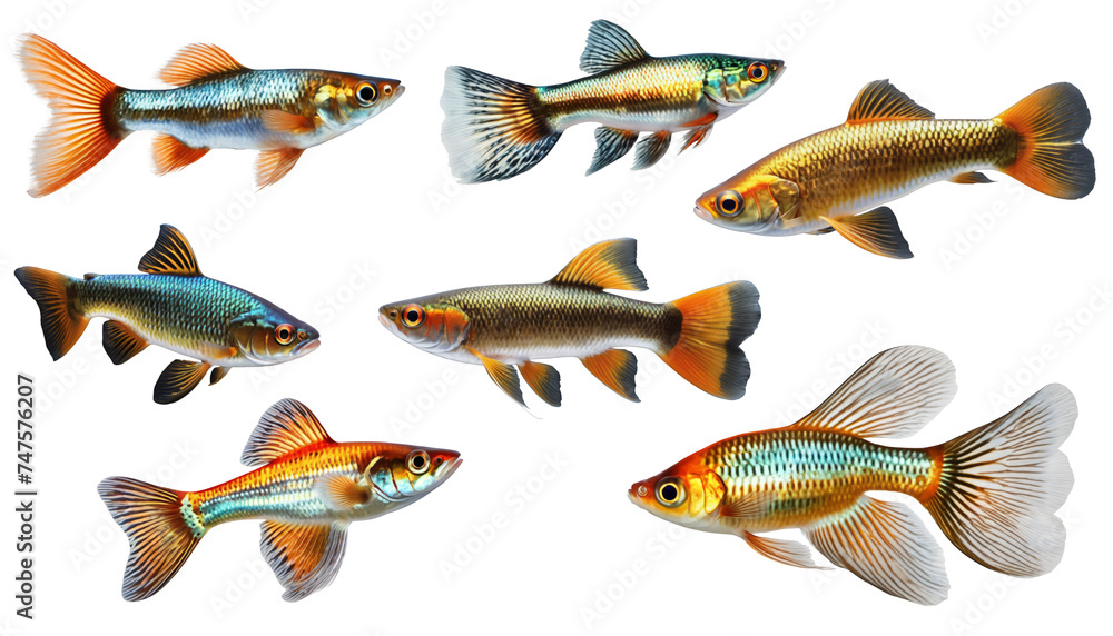 Set of guppy fishes isolated on white or transparent background, cut out fishes, PNG