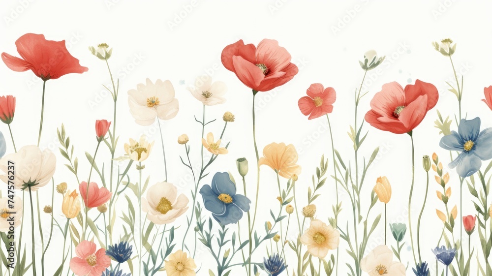 gentle watercolor painting of a meadow brimming with whimsical flowers and foliage in a delicate, pastel color palette gentle watercolor painting of a meadow brimming with whimsical flowers and foliage in a delicate, pastel color palette