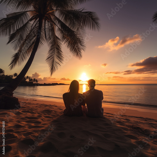Romantic couple sitting on beach at sunset © Kokhanchikov