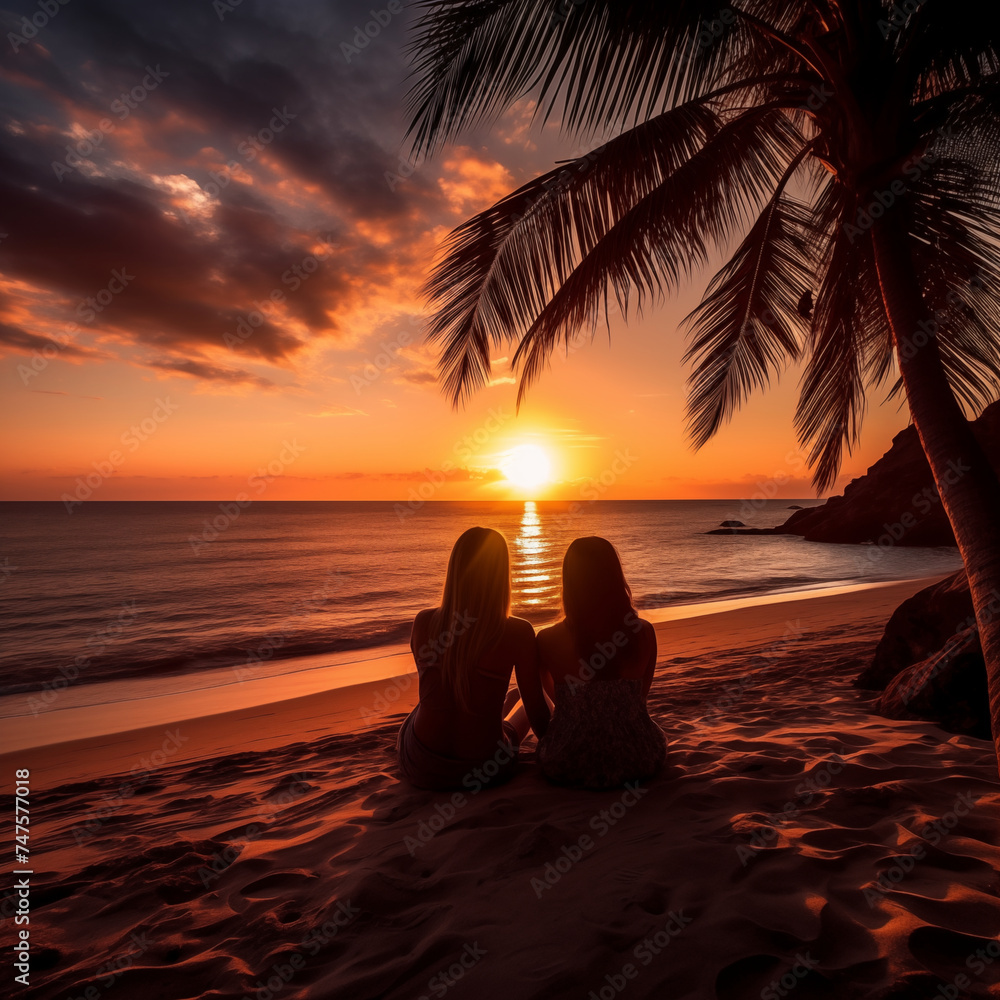 Romantic lesbian couple on beach at sunset Romantic lesbian couple on beach at sunset