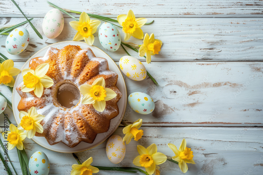 Traditional ring-shaped Easter cake, surrounded by beautifully decorated Easter eggs and vibrant daffodils, on rustic wooden table, perfect for a family holiday gathering.