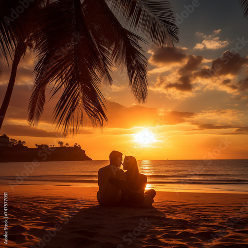 Romantic couple sitting on beach at sunset © Kokhanchikov