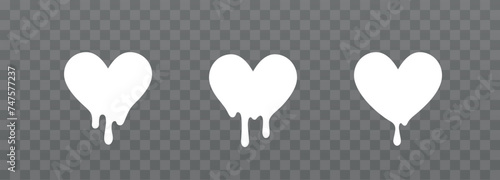 Drip heart set of milk, sauce or paint isolated on transparent background. White chocolate melt liquid splash borders. Vector milky drops patterns
