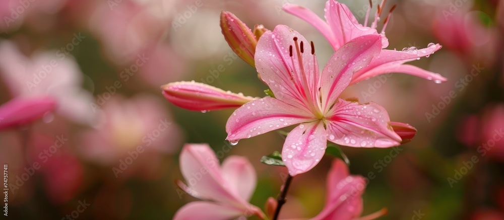 A beautiful pink flower, also known as a fairy lily or rainflower, glistens with drops of water. A beautiful pink flower, also known as a fairy lily or rainflower, glistens with drops of water.
