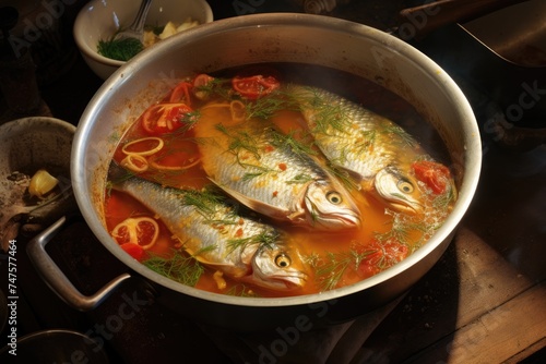 Three fish simmering in a golden broth with tomatoes and herbs in a rustic kitchen setting.