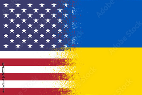 Ukraine UA and USA united States American flags Dispersion style background, web, banner, wallpaper for text. Cooperation, partnership patriotic template presentations, conferences photo