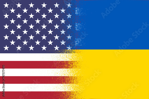 Ukraine UA and USA united States American flags Dispersion style background, web, banner, wallpaper for text. Cooperation, partnership patriotic template presentations, conferences
