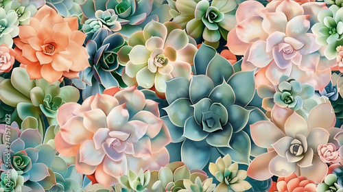 Succulents of various types, colors, and sizes in a Horizontal layout and room for copy in a Plant decor-themed, photorealistic illustration in JPG. Generative ai photo