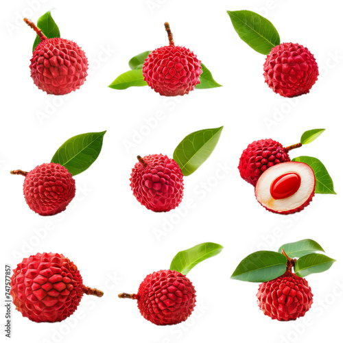 A set of the many litchy with green leaves.