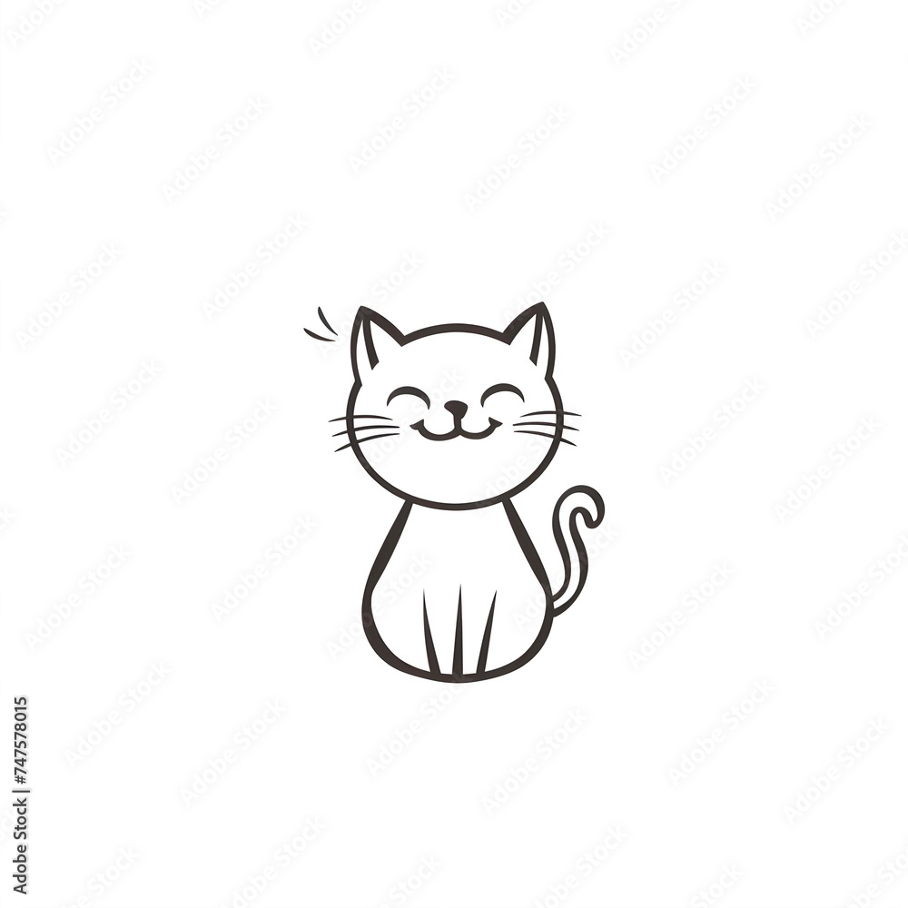 A minimalist illustration of a smiley cat, outlined in elegant black lines, positioned centrally on a white background. The cat is sitting with its tail curled around its paws, eyes looking directly f A minimalist illustration of a smiley cat, outlined in elegant black lines, positioned centrally on a white background. The cat is sitting with its tail curled around its paws, eyes looking directly f