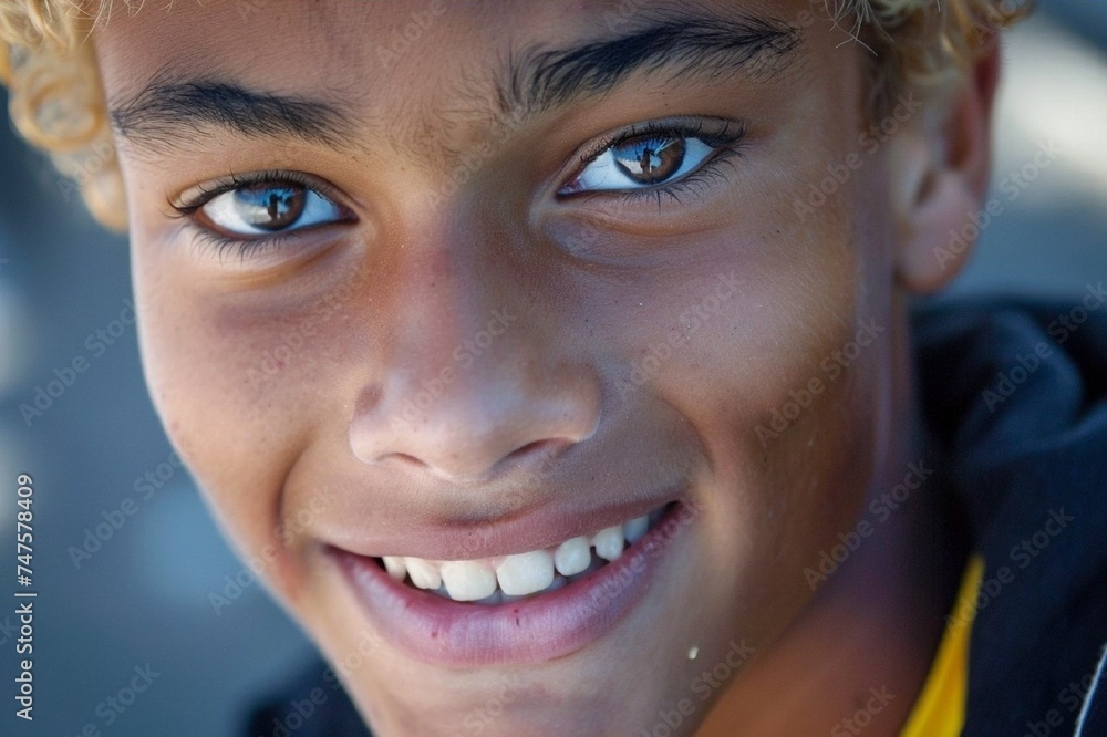 photo of a 20-year-old multiracial boy, half Scandinavian and East African, with thoughtful almond-shaped chocolate-colored eyes, a handsome face, casually styled blond short hair, smiling photo of a 20-year-old multiracial boy, half Scandinavian and East African, with thoughtful almond-shaped chocolate-colored eyes, a handsome face, casually styled blond short hair, smiling