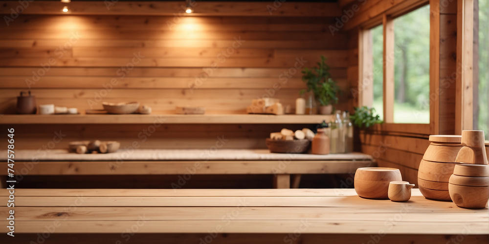 Empty wooden table for product display with a blurry sauna in the background