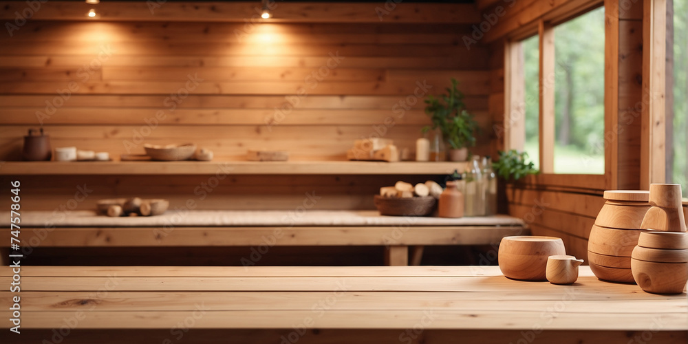 Empty wooden table for product display with a blurry sauna in the background Empty wooden table for product display with a blurry sauna in the background