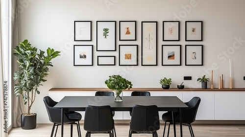 Obraz na płótnie Nowoczesna kuchnia w stylu skandynawskim z drewnianymi meblami. Biała ściana - mockup na obraz. Render 3d. Szablon na grafikę lub plakat. Zestaw ramek w salonie