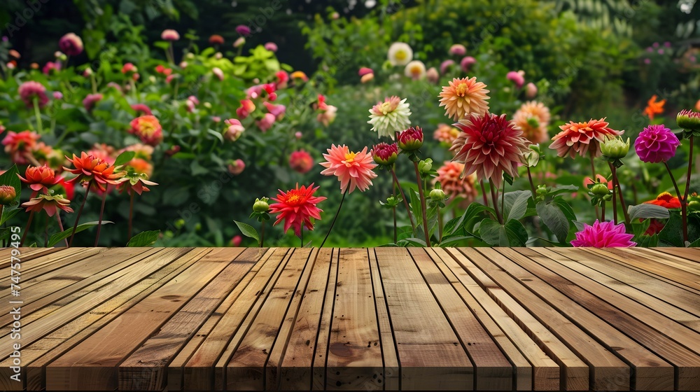 Empty wooden table for product display with dahlia garden background