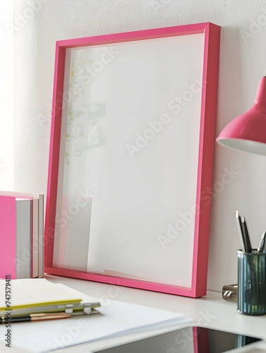 empty high but narrow picture regtangle frame bright pink color on a desk, mockup, ultra realistic photo