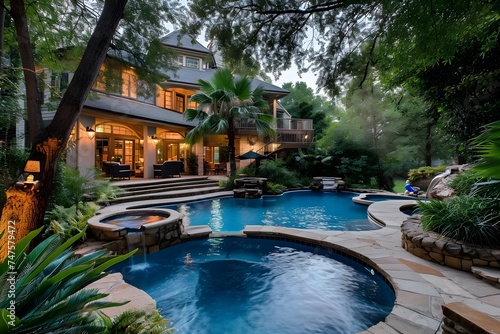 backyard Jacuzzi hot tub pool tropical mansion luxury dusk 