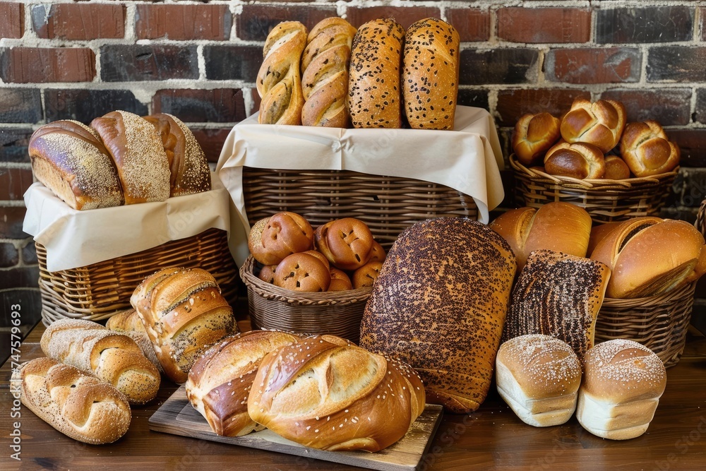 Assorted bakery products including loaves of bread and rolls.