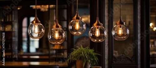 Multiple lighting fixtures suspended from the ceiling, creating a well-lit atmosphere in an industrial-style interior space. The lights vary in size and design, casting a warm glow throughout the area