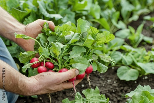 Organic vegetables. Farmers hands holding fresh radish. © Lubos Chlubny
