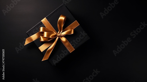 Gift box with decorations gold confetti on black © alexkich