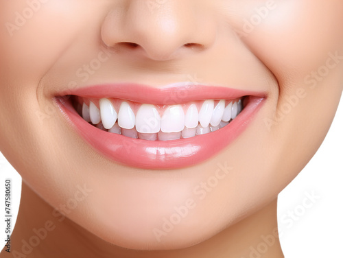 A detail of the smile womans mouth with white teeth isollated on the transparent background.