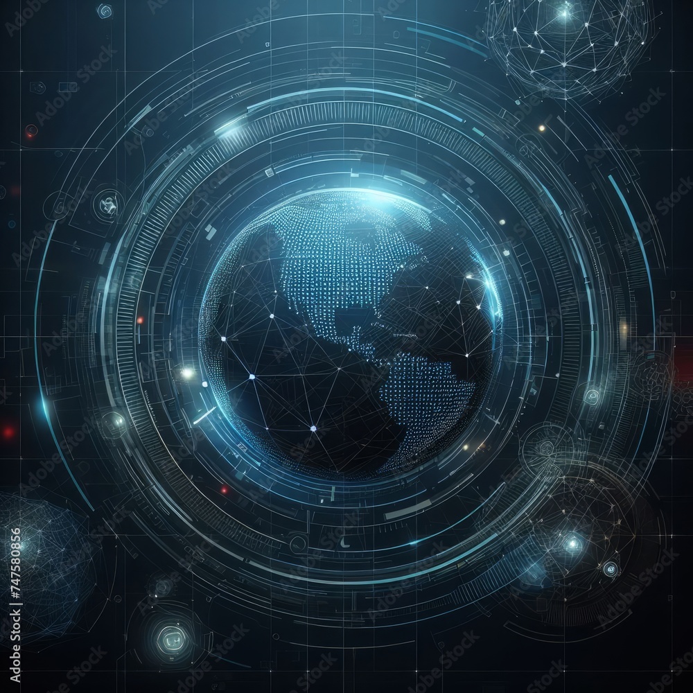 Dark abstract background with futuristic elements representing a globe and interconnected data networks. This design incorporates graphical elements symbolizing advanced technology