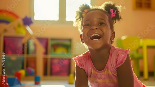 Portrait of a happy kid black african girl playing on a kindergarten room  photo