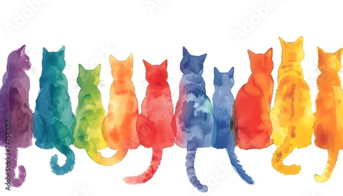 colorful rainbow watercolor cats lined up sitting wagging tails 