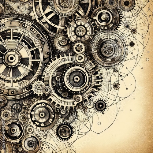 "An abstract background featuring retro gearwheel mechanisms, representing machine technology. This design may incorporate gears and machinery elements, creating a vintage or steampunk-inspired 