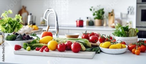 A variety of ripe, colorful fruits and vegetables neatly arranged on a kitchen counter, including apples, oranges, carrots, tomatoes, cucumbers, and more.