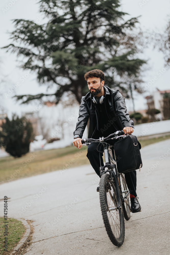 A modern entrepreneur commuting on a bike with a laptop bag, depicting sustainable and active lifestyle choices.