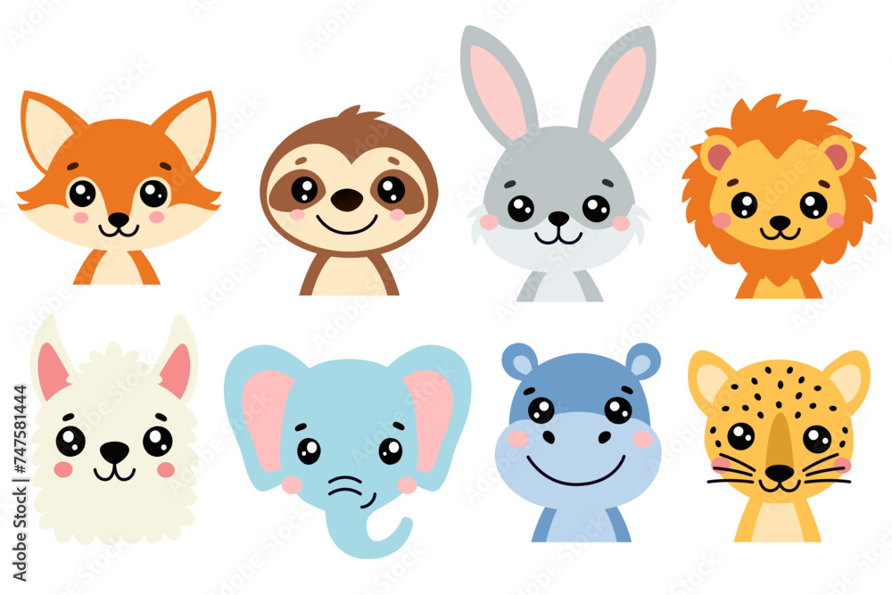 Set with cute animals fox, sloth, hare, lion cub, llama, elephant, hippopotamus and leopard. Vector illustration. Cute children's background