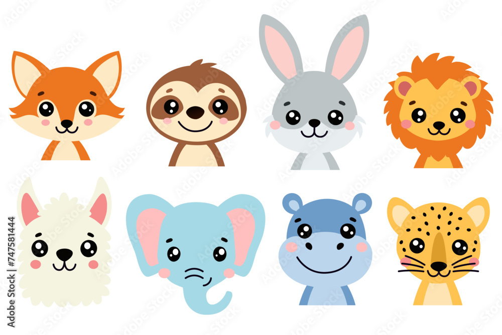 Set with cute animals fox, sloth, hare, lion cub, llama, elephant, hippopotamus and leopard. Vector illustration. Cute children's background Set with cute animals fox, sloth, hare, lion cub, llama, elephant, hippopotamus and leopard. Vector illustration. Cute children's background