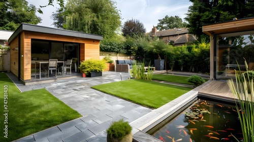 view of a back garden with artificial grass, grey paving slab patio, summer house garden timber outbuilding, fish pond © Pascal