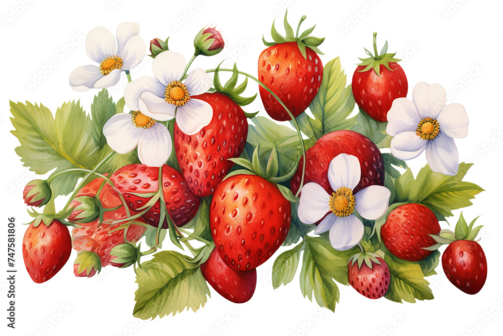 A fresh red strawberries, leaves and flower isollated on the transparent background