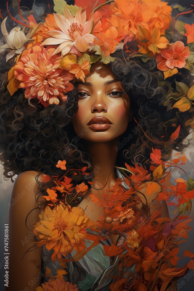 A dark-skinned woman with curly dark hair, she wears a wreath of flowers on her head.