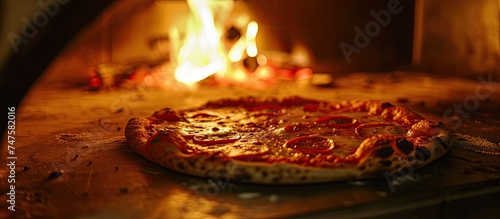 A freshly baked pizza, sitting on top of a pan, is showcased in front of a bright fire in a pizza oven.