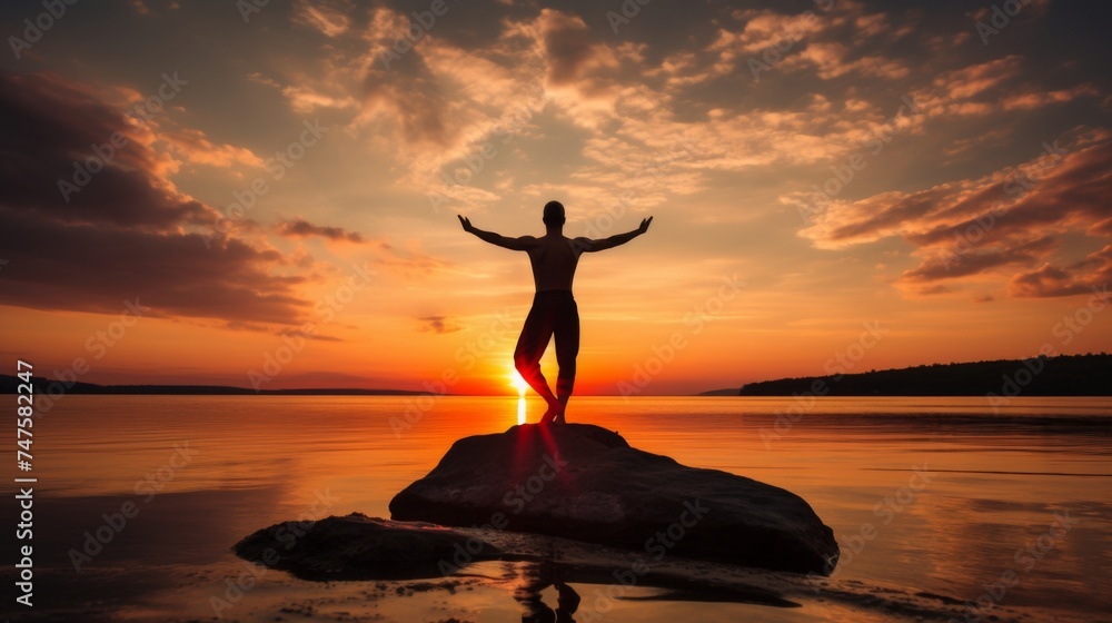 Man in Yoga Pose on Rock in Sunset Lake Water Balance and Meditate Zen