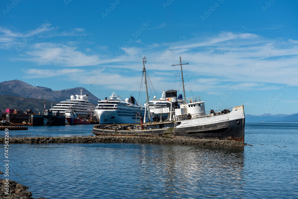 landscape of the port of Tierra del Fuego Ushuaia end of the world with its ships on the Beagle Channel with its mountains in the background
