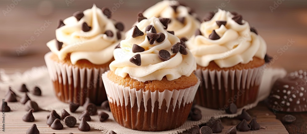 This photo shows a close-up view of delicious homemade cupcakes topped with creamy white frosting and sprinkled with chocolate chips. The cupcakes are perfectly arranged, highlighting their sweet and